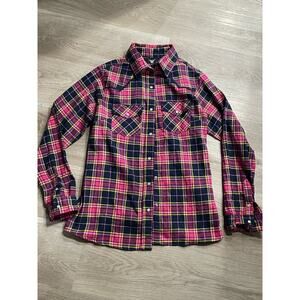 Wilfull Wear Shirt Womens Small Pink Plaid Snap Up Collar Long Sleeve Country